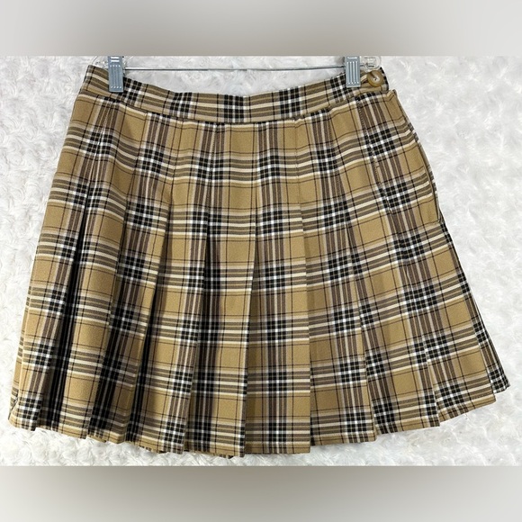 wild fable Dresses & Skirts - Wild Fable Womens M Plaid Pleated Tan Cream Brown Elastic Waist Skirt